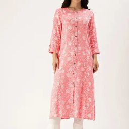 Amukti Pink Rayon Printed Three-Quarter Sleeves Kurta-14