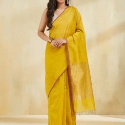 Fabindia Yellow Cotton Silk Blend Maheshwari Saree-picture-9