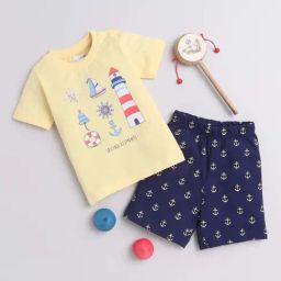 Bumzee Kids Yellow & Navy Cotton Printed T-Shirt Set-image-63