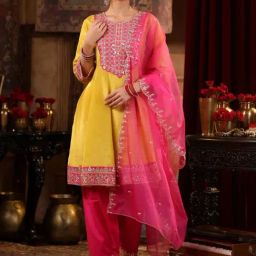 SCAKHI Lime Green & Fuchsia QALA Shimmer Organza Dori-Gota Work Anarkali with Salwar and Dupatta-image-37