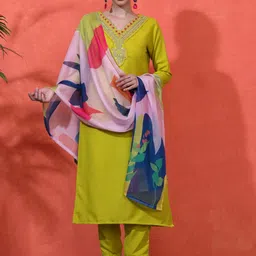 Sangria Women Embroidered Straight Kurta With Trousers & Dupatta-image-85