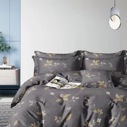 Bajo's Grey & Brown Floral Printed Cotton 300 TC Queen Bedsheet Set 2.25 m X 2.50 m-40