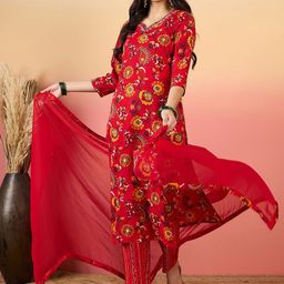 KALINI Floral Printed Thread Work Straight Kurta With Trousers & Dupatta-image-32