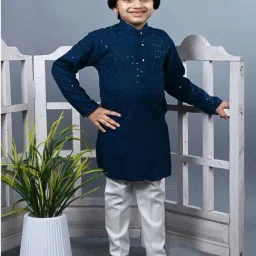 Ahhaaaa Kids Blue & White Cotton Embellished Full Sleeves Kurta Set-image-80