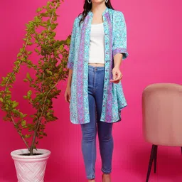 Boholyfe Floral Printed Mandarin Collar Longline Button Shrug-38