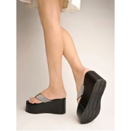 Shoetopia Rhinestone Decor Stylish Black Platform Heels for Women-picture-3