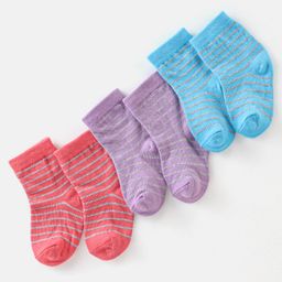 Cute Walk By Babyhug Non Terry Anti Bacterial Ankle Length Stripes Design Socks Pack of 3 - Multicolour-image-98