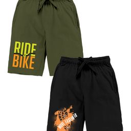Kiddopanti Pack Of 2 Ride Bike & Move Faster Text Printed Shorts - Green & Jet Black-picture-2