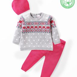 Babyhug Organic Cotton Knit Full Sleeves Sweater Set with Cap Heart Design - Grey & Pink-image-97