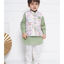 AJ Dezines Full Sleeves Solid Kurta & Pyjama With Floral Printed Jacket - Green-image-66