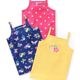 Babyhug 100% Cotton Knit Sleeveless Slips Floral & Butterfly Print Pack Of 3 - Pink Yellow & Blue-picture-12