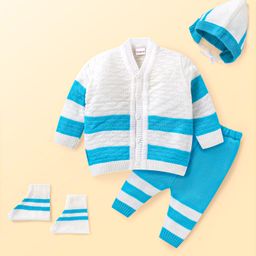 Babyhug Knit Full Sleeves Striped Front Open Sweater Set with Pair of Socks & Cap - Light Blue & White-image-80