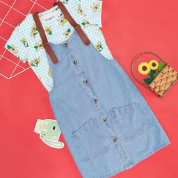 Pantaloons Junior Solid Dungaree With Half Sleeves Floral Printed Tee - Blue Indigo-image-51