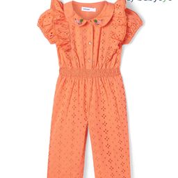 Babyoye Cotton Woven Dobby Half Sleeves Frill Detailed Schiffli Jumpsuit with Peter Pan Collar & Floral Embroidery-  Orange-image-25