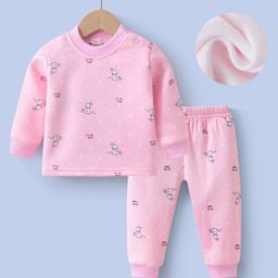 Kookie Kids Full SleevesWinter Wear T-Shirt & Lounge Pant Set with Bunny Print - Pink-image-43