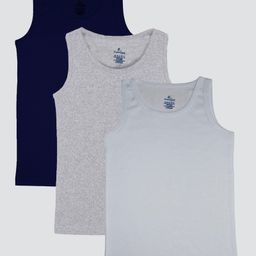 Kiddopanti Pack Of 3 Sleeveless Solid Vests - Navy Blue Grey Melange & White-image-57