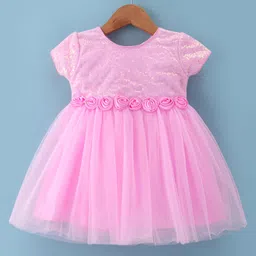 Babyhug Woven Half Sleeves Fit & Flared Party Frock with Sequin Embroidery & Floral Applique - Pink-picture-6
