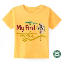 BLUSHES Navaratri Theme 100% Cotton Half Sleeves My First Navaratri Text Printed Tee - Yellow-picture-38