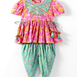 Saka Designs Cotton Woven Half Puffed Sleeves Kurta Patiala Set with Floral Print - Pink & Green-image-85