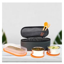 ATTRO Office Mate Lunch Box 2 Steel Container, 1 Plastic Oval Container & Spoons with Lunch Bag- Orange-image-12