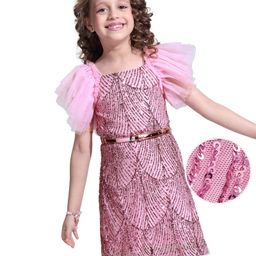Hola Bonita Knit Half Glitter Mesh Flutter Sleeves Party Dress with Sequin Detailing - Pink-picture-13