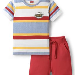Babyhug Single Jersey Knit Half Sleeves Striped T-Shirt & Shorts Set With Cool Print - Multicolor-image-84