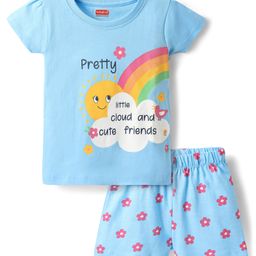 Babyhug Cotton Knit Half Sleeves Floral & Rainbow Printed Shorts Night Suit - Light Blue-image-44