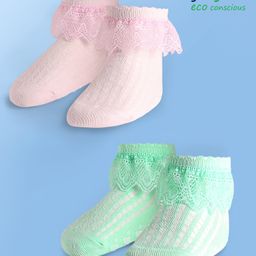 Babyoye Bamboo Knit Socks With Lace Detailing Pack Of 2 - Pink & Light Green-image-28