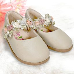 Hopits Self Designed & Floral Applique Detailed With Velcro Closure Mary Jane Ballerinas - Beige-image-16