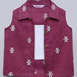 Taffykids 100% Cotton Sleeveless Floral Embroidered Shirt Style Top With Inner - Violet & White-image-80