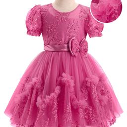 Mark & Mia Cotton Woven Half Sleeves Frock with Floral Embroidery & Pearls - Pink-image-47