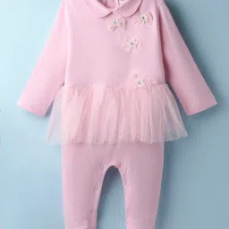 ToffyHouse Interlock Knit Full Sleeves Footed Romper With Floral Applique & Frill Detailing - Light Pink-picture-39