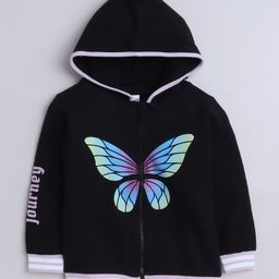 BUMZEE Looper Knit Full Sleeves Butterfly Printed Hooded Sweatjacket - Black-image-99