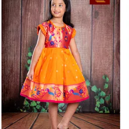 Bhartiya Paridhan Silk Woven Frill Sleeves Plated Ethnic Dress With Peacock Embroidery - Yellow-picture-7