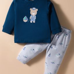 Zero Sinker Knit Full Sleeves Night Suit with Teddy Print - Navy Blue-picture-6