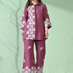 Myshka Floral Embroidered Shirt Collar Neck Tunic With Trousers Co-Ords-picture-13