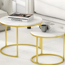 BELIEF WOOD 2Pcs White & Beige Metal Round Nesting Tables-14
