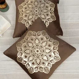 HOSTA HOMES Brown & Gold-Toned 2 Pieces Floral Printed Velvet Square Cushion Covers-image-88