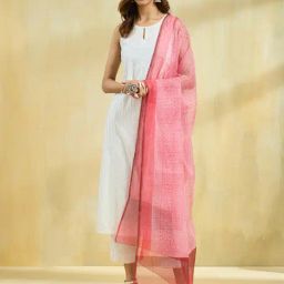 Fabindia Pink Cotton Silk Hand Block Printed Dupatta-22