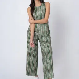 Moomaya Green Cotton Regular Fit Stripes Jumpsuit-image-91