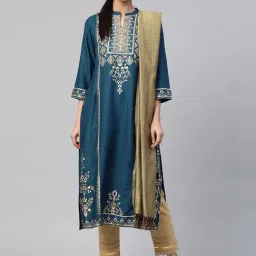 Juniper Dark Teal Ethnic Motif Printed Rayon Straight Kurta & Dupatta Set With Buttons-2
