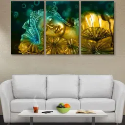 999Store Gold & Green Flowers and Buddha Art 3 Frame Canvas Paintings-42