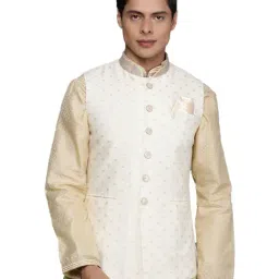 Manyavar Cream Regular Fit Self Pattern Nehru Jacket-image-3