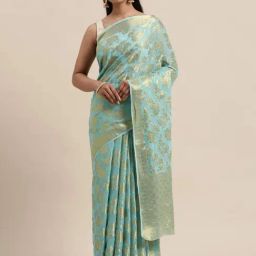 Geroo Jaipur Turquoise Blue Zari Woven Saree With Unstitched Blouse-image-67