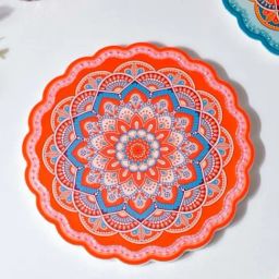 Nestasia Orange & Blue Round-Shaped Floral Mandala Patterned Ceramic Tray for Serving, 8-inch-picture-0