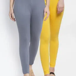 Gracit Grey & Yellow Mid Rise Leggings - Pack Of 2-image-37