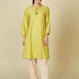 Fabindia Lime Green Cotton Embroidered A Line Kurta-image-17
