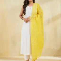 Fabindia Yellow Cotton Silk Blend Chikankari Dupatta-image-96