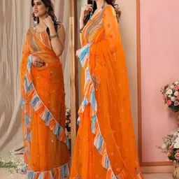 CATCHY FOREVER Embellished Mirror Work Net Saree image 2