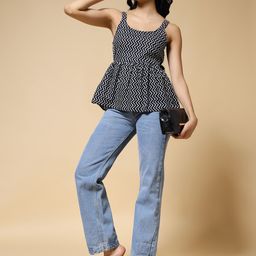 Istyle Can Women Chevron Printed Shoulder Straps Pleated Detail Cotton Peplum Top-image-72